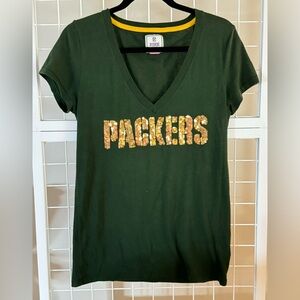 PINK NFL Packers Sequined T-Shirt Green w/ Gold Sequin Letters Spelling PACKERS